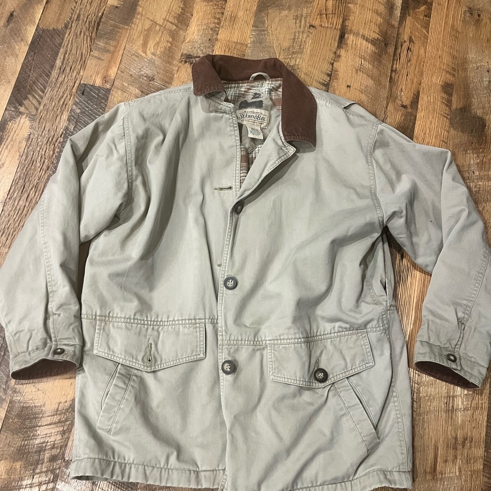 St. John's Bay Khaki Utility Jacket with Brown Collar. Chore coat